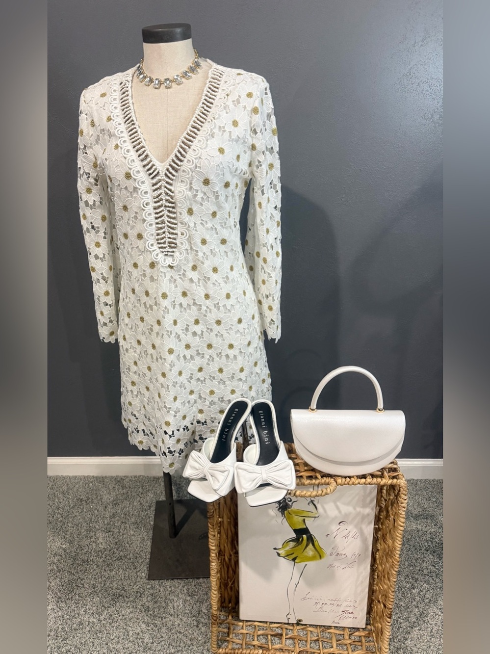 Boston Proper White Crochet V-Neck Long Sleeve Shift Dress - Picture 8 of 9